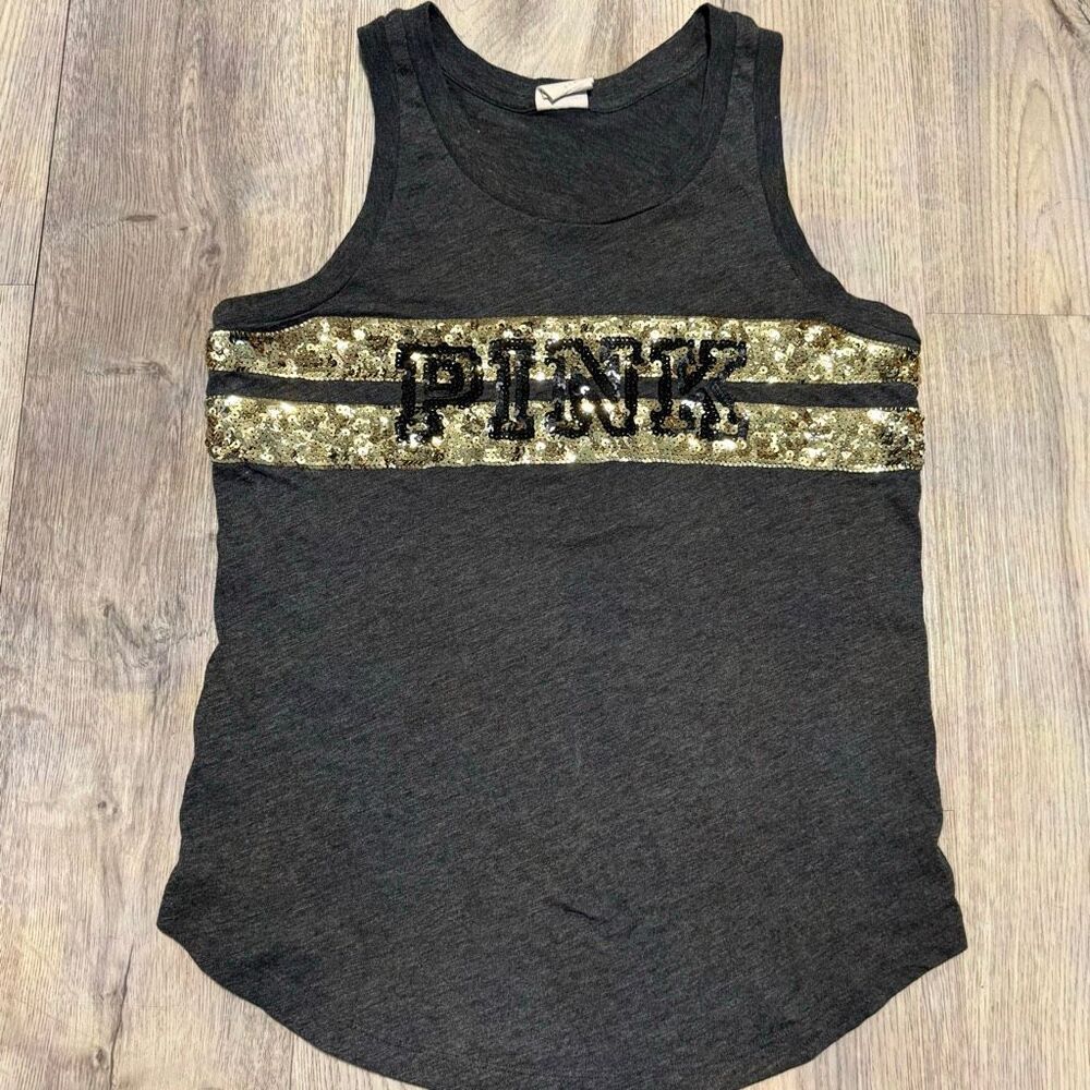 PINK Victoria's Secret Women Tank Top S Gray Sequin Bling Scoop Neck Pullover